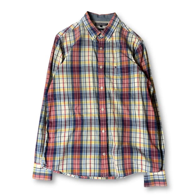 타미힐피거 빈티지 레드 옐로우 블루 체크 긴팔 셔츠 슬림핏 L