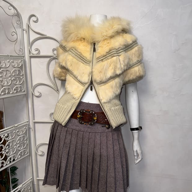 Beige rabbit&fox fur two ways half 후드집업 