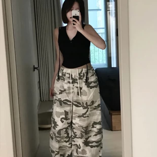 화이트 카모 와이드 밴딩 팬츠 Free