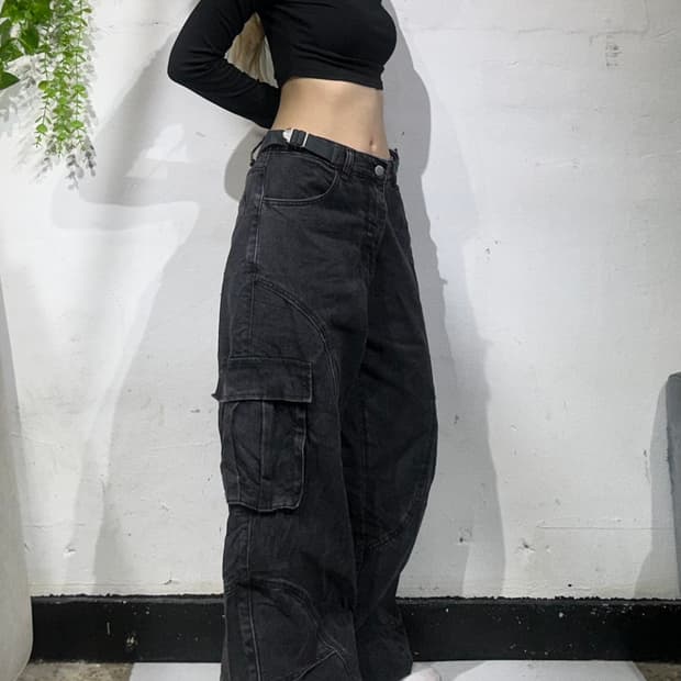 빈티지 빅 포켓 와이드 흑청 카고 바지 스트릿 힙합 팬츠 S