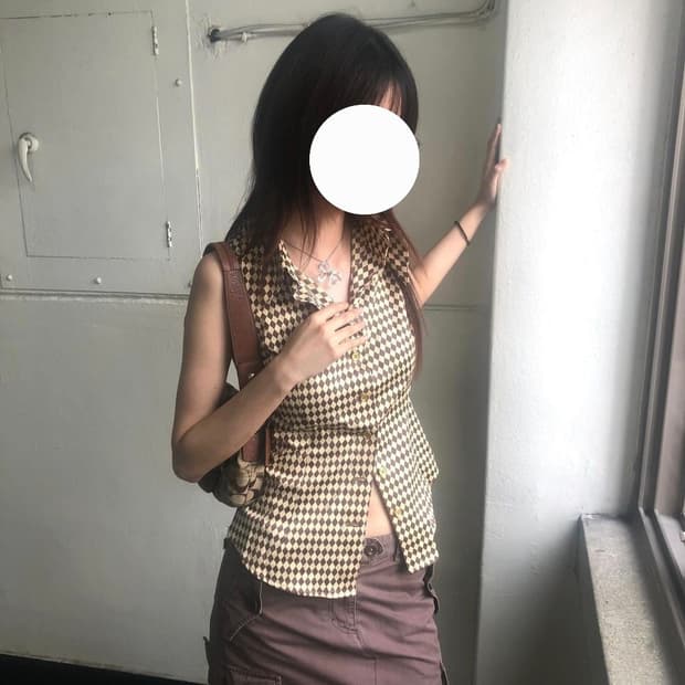 빈티지 세실맥비 버터레몬&초코 다이아패턴 베스트 조끼 셔츠