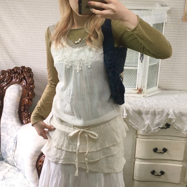 Set)카키민트 레이스나시 + 올리브롱슬리브 + 모리 레이스 원피스