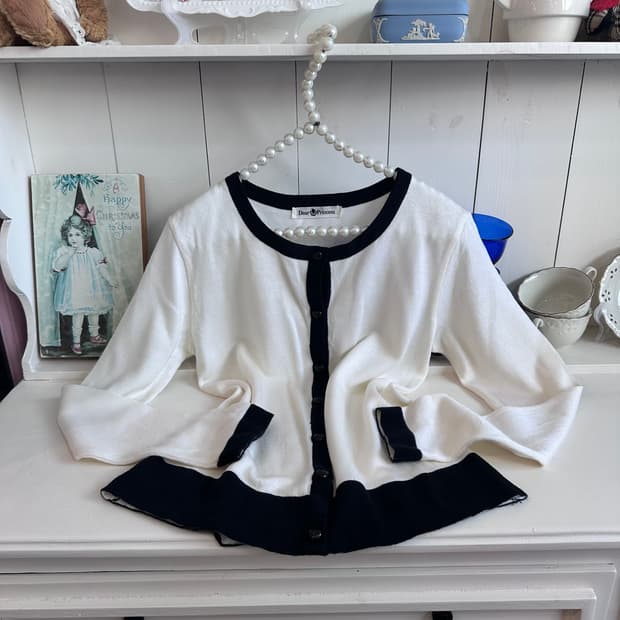 Dear Princess 배색 가디건 화이트 블랙