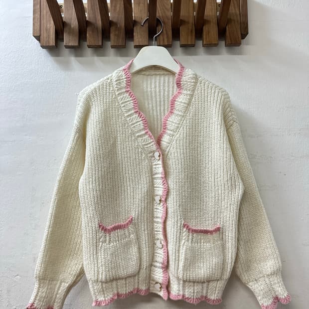 일본빈티지 핑크 스캘럽 하트버튼 니트 포켓 가디건