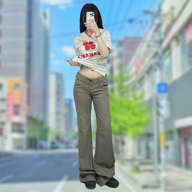 헤링본 패턴 부츠컷 맥시 팬츠