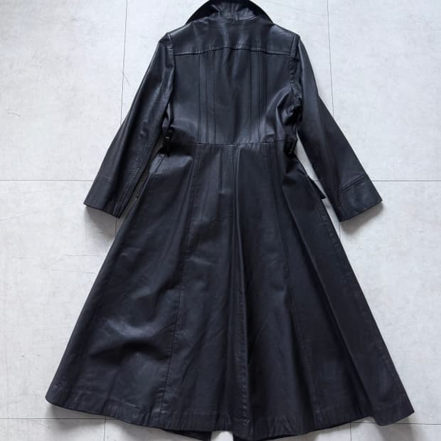 Vintage : Wide Lapel Black Leather Maxi