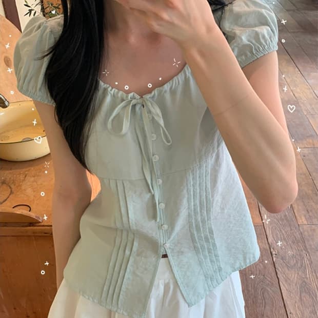피코 퍼프 리본 핀턱 반팔 블라우스 휴양지룩/휴가룩/바캉스룩/여행룩