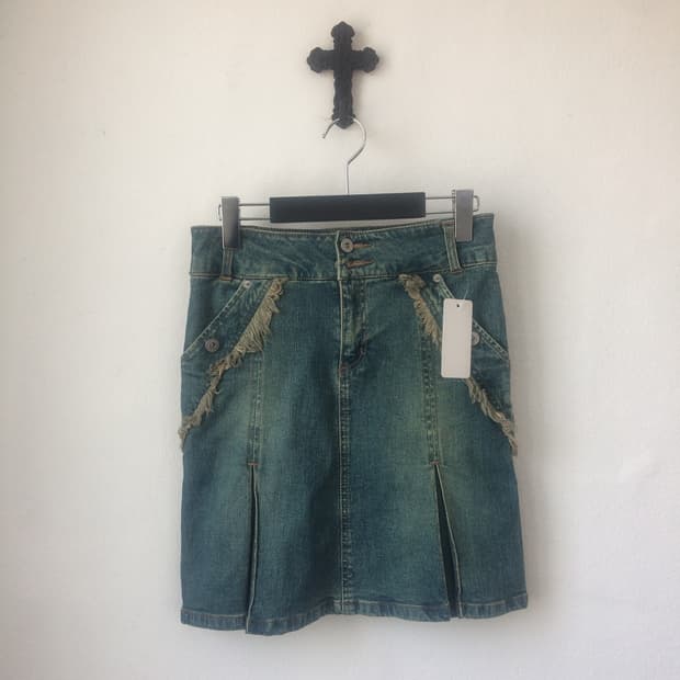 Fringe point denim pleats skirt