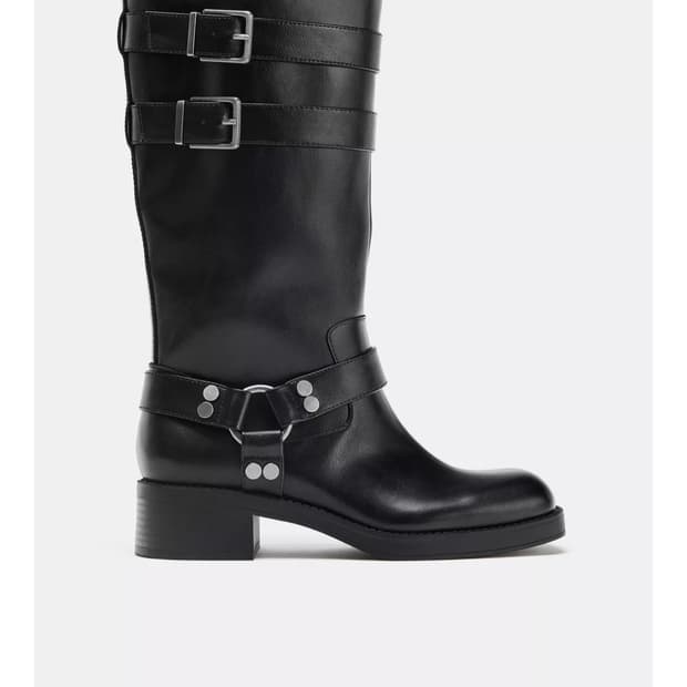 자라 블랙 레더 메탈릭 버클 롱부츠