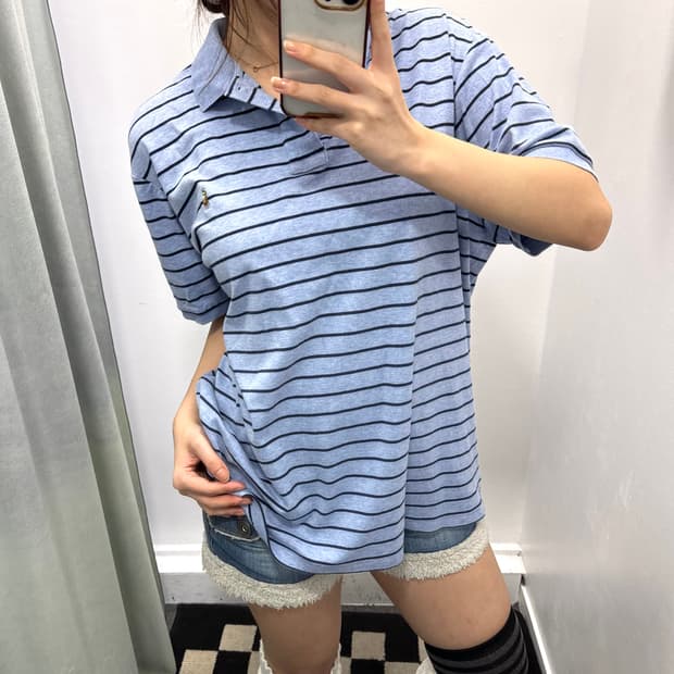폴로 블루 스트라이프 커스텀 슬림핏 pk 반팔티셔츠