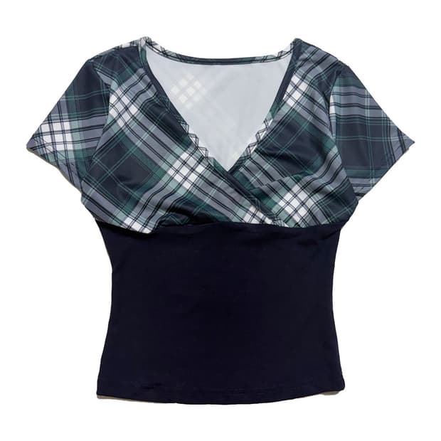 새상품 체크 브이넥 반팔티 (그린)