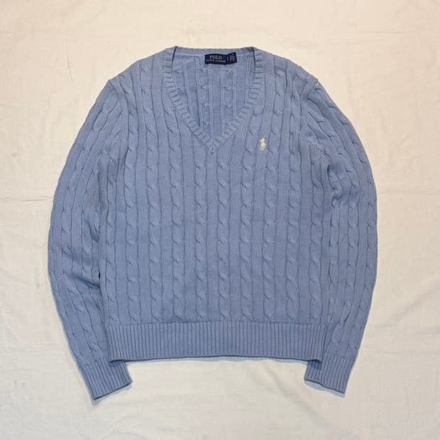 폴로 랄프로렌 브이넥 꽈배기 케이블 니트 스카이블루