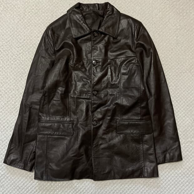 광희시장 웨스턴 무드 카우하이드 소가죽 레더 카 코트 다크 브라운