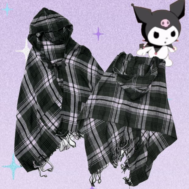 💜쿠로미깔 퍼플 연보라 체크 망토 케이프💜 가을 겨울 후드 아우터