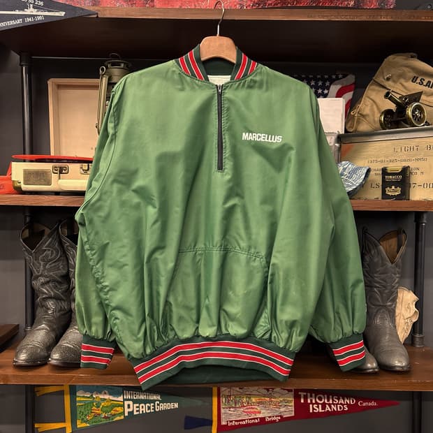 90s 마셀러스 머스탱 클럽 바시티 사틴 반집업 캥거루포켓 N779