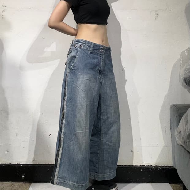 빈티지 중청 올드스쿨 사이드 지퍼 디테일 힙합 데님 팬츠 