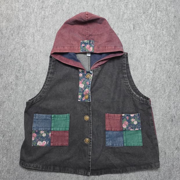빈티지 패치워크 에스닉 감성 후드 베스트 조끼