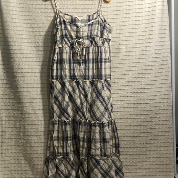 빈티지 화이트 블루 체크 패턴 코튼 미디엄 기장 모리걸 원피스