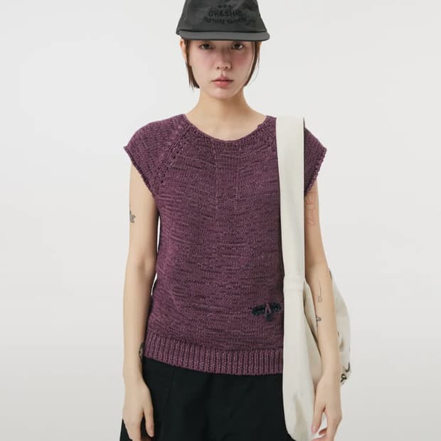 새상품) 오헤시오 위빙 포켓 캡 슬리브 반팔 니트 퍼플