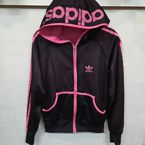 아디다스 올드스쿨 빈티지 빅로고 리버시블 메쉬 트랙탑 후드져지 m 핑크검