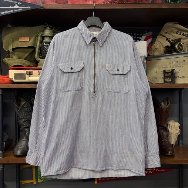 80s KEY 어패럴 스트라이프 하프집업 워크셔츠 N444