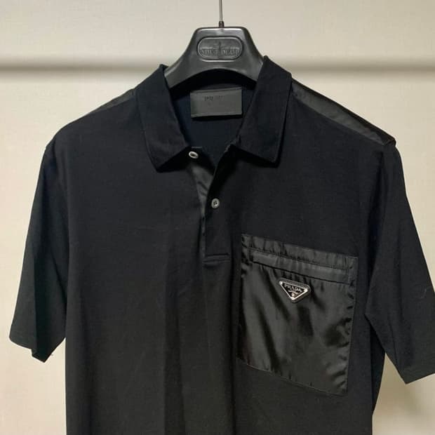 프라다 블랙 리나일론 포켓 반팔 폴로 티셔츠 M