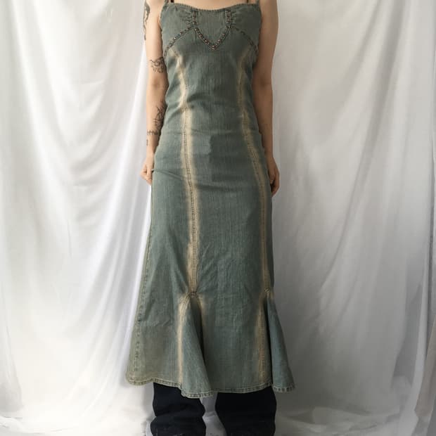 Stud point washing denim onepiece