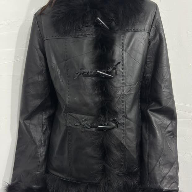 lila fur detail leather jacket