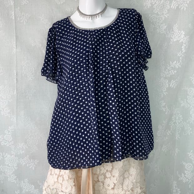 빈티지 바선생 네이비 도트 레이스 블라우스 1115 모리걸 y2k 스트릿