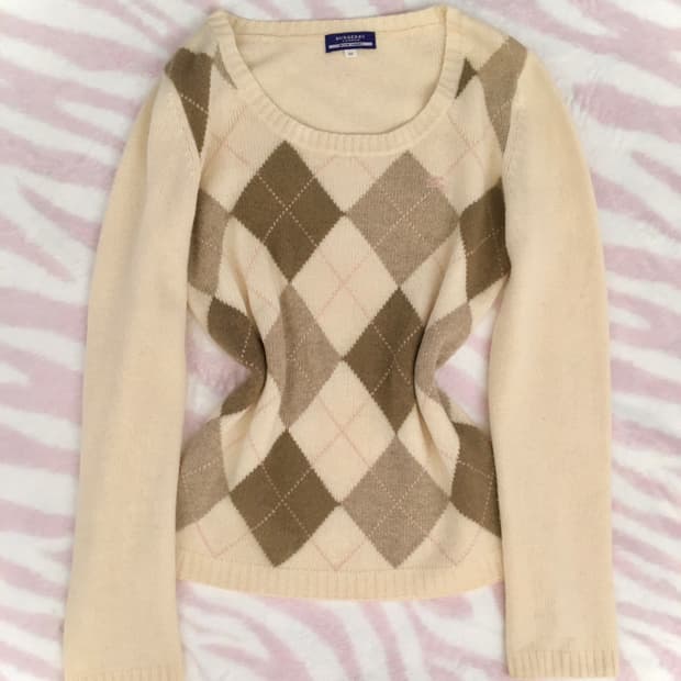 버버리 블루라벨 핑크 브라운 아가일 니트 캐시미어 라떼갸루 초코