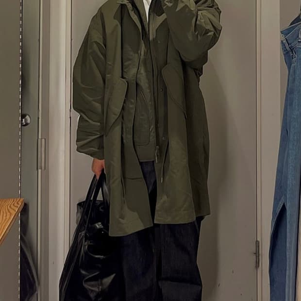 코드그라피 피쉬테일 레이어드 후드 롱파카 카키