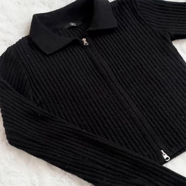 허리 잘록핏 블랙 골지 투웨이 니트집업