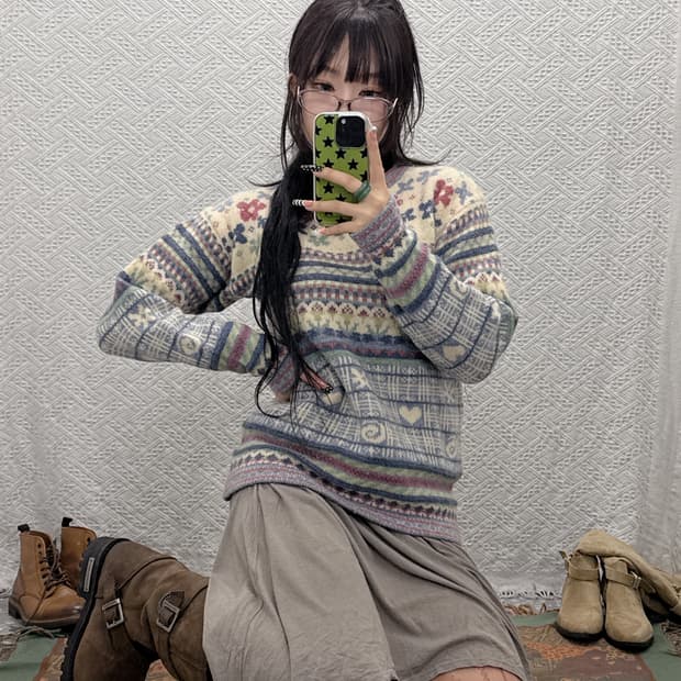 빈티지 코지 모리걸 페어리 플라워패턴 여리 파스텔 니트