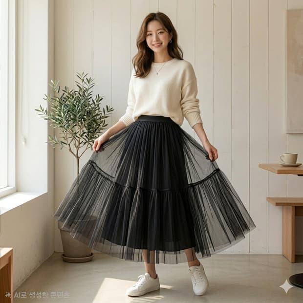 데일리엔(DAILY N) 블랙 티어드 튤 스커트