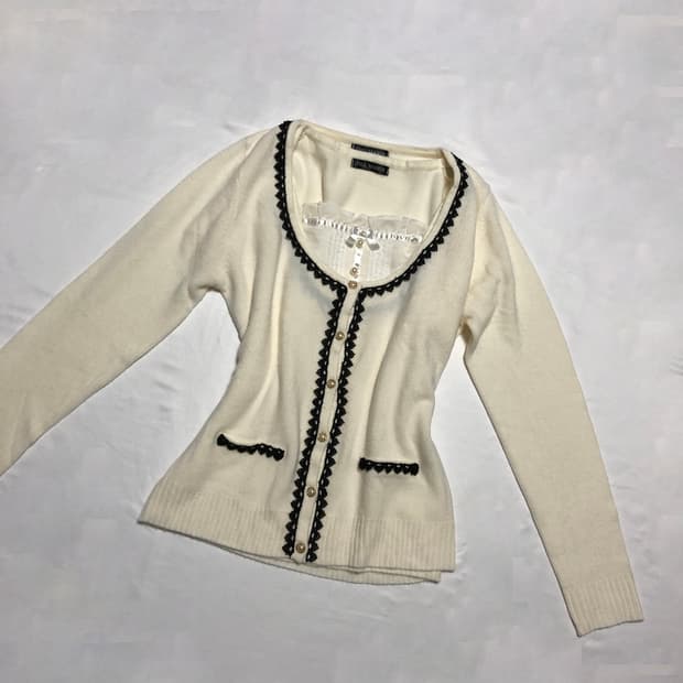 리본 로걀 니트 반팔 가디건 세트 화이트