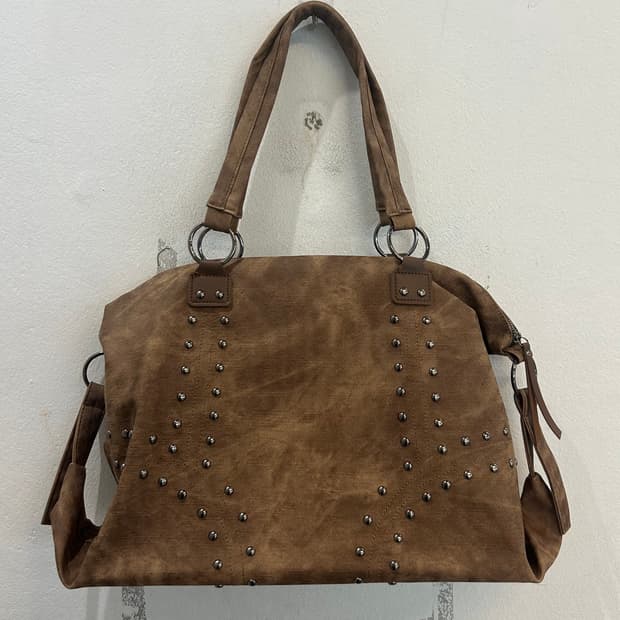 Brown Studded Washed Boston Bag