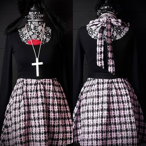 JPN 연핑크 히메갸루 트위드 블랙 리본 원피스