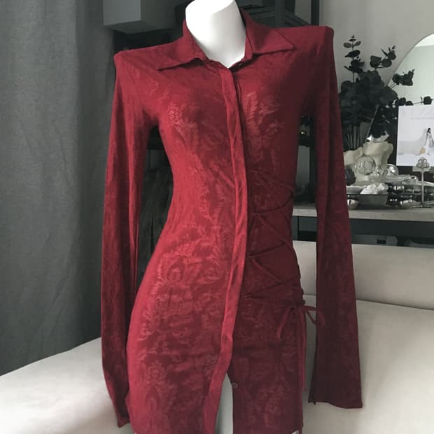 ༒ MESH CORSET SHIRTS #WINE