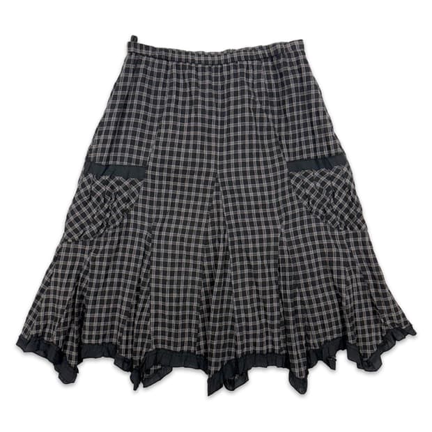 빈티지 블랙 체크 프릴 모리 미디 스커트