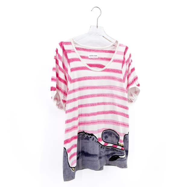 츠모리치사토 스트라이프 퍼프 소매 반팔티셔츠