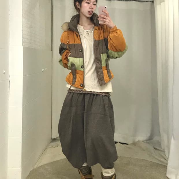 빈티지 오렌지 브라운 패치 패딩 몽골 히피 소녀 코디 세트