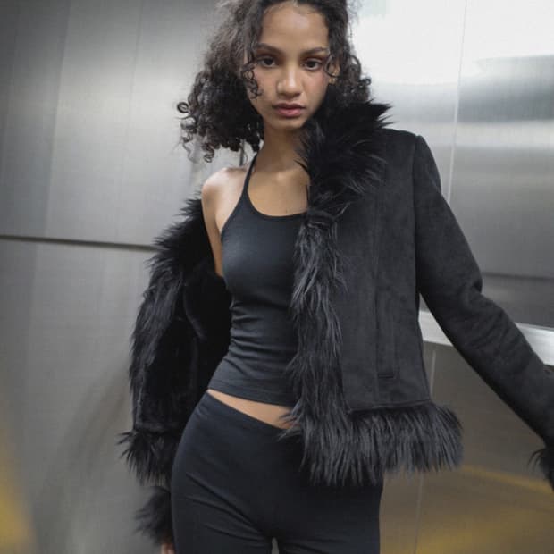 드라이로즈 라인 퍼 자켓 무스탕 퍼자켓 블랙