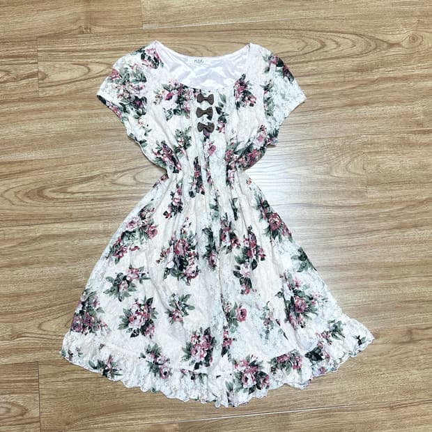 빈티지 핑크 리본 플라워 원피스 히메갸루 로걀 라떼 리즈리서깔 모리걸