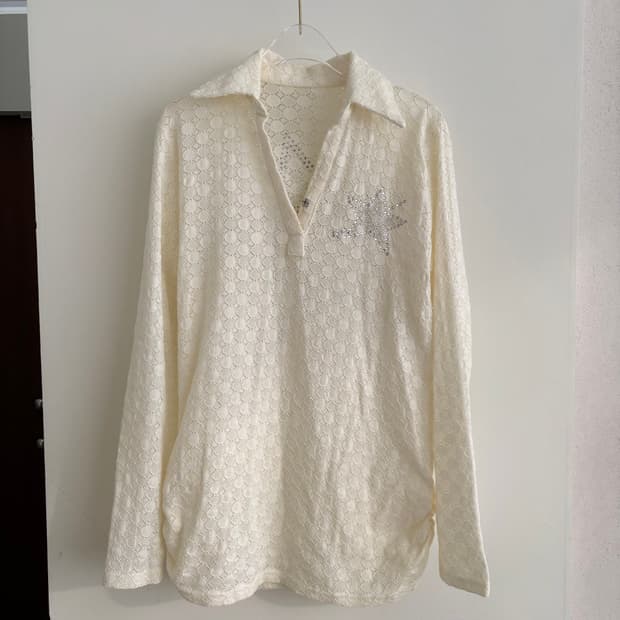 빈티지 아이보리 레이스 별 큐빅 시스루 블라우스 락시크