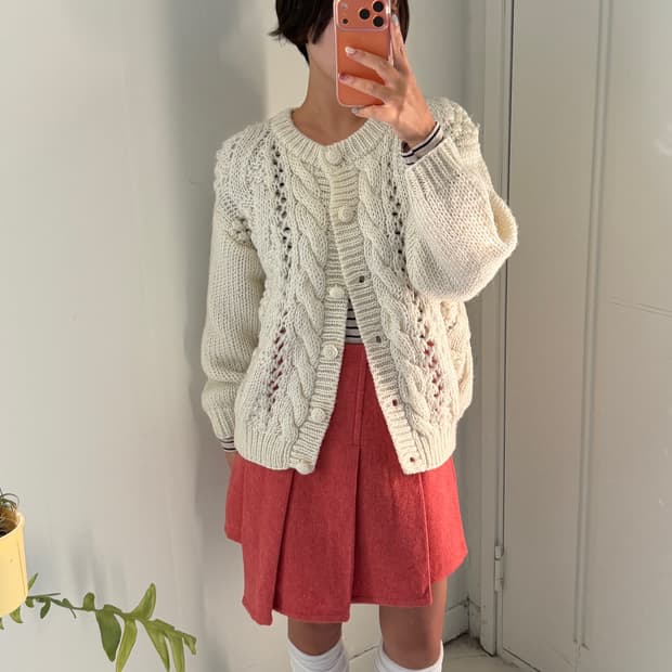 일본빈티지 화이트 꽈배기 니트가디건