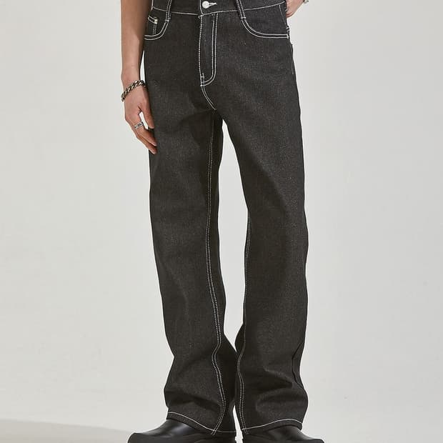 앳더모먼트 화이트 스티치 와이드 로우 데님 블랙 L