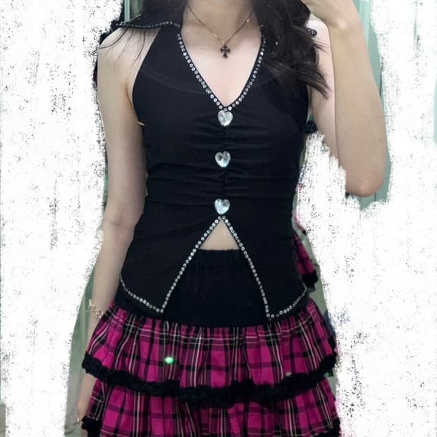 일본빈티지 캐캐체깔 하트큐빅 홀터나시 타탄체크 스커트 갸루 펑크