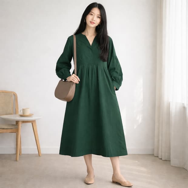 COS 코스 다크 그린 코튼 셔츠 원피스