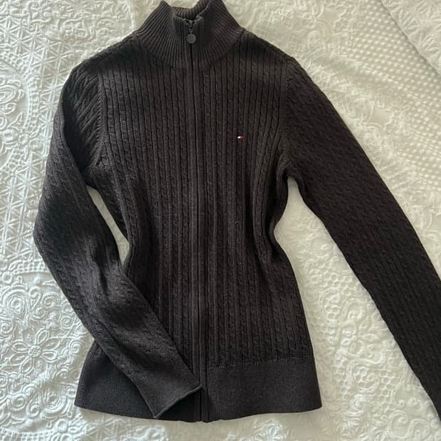 핀터깔 타미힐피거 꽈배기 니트 집업 슬림핏