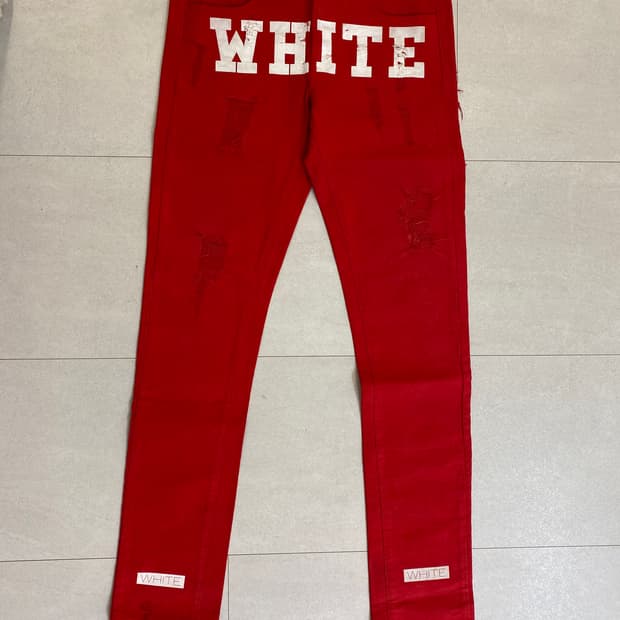 오프화이트(Off-White) 로고 프린티드 레드 데님 진